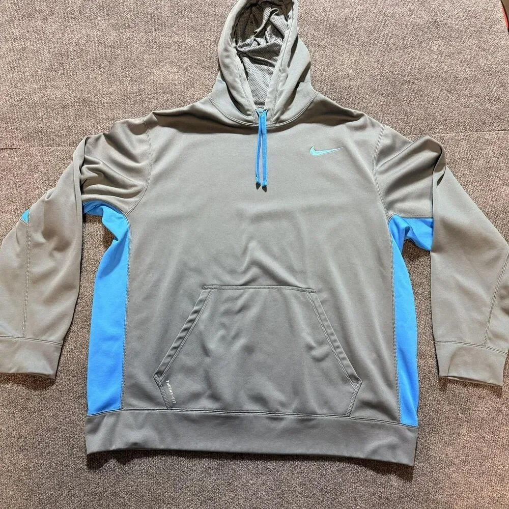 Nike Hoodie Mens XL Gray Blue Therma-Fit Pullover Fleece Athletic Sweatshirt